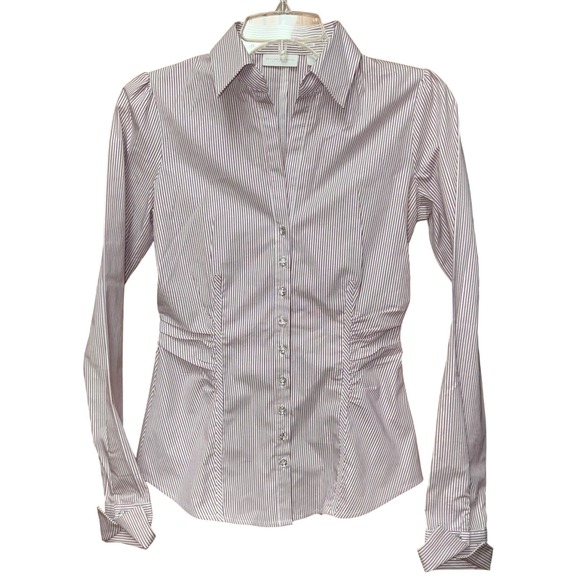 New York & Company Tops - New York Co Stretch Striped Button Up Shirt Sz XS Jeweled Buttons Preppy Work
